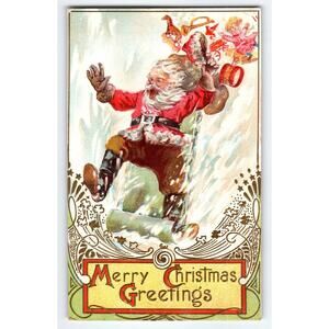 Vintage Santa Claus Wipe Out Sleds Down Mountain Christmas Greetings Postcard